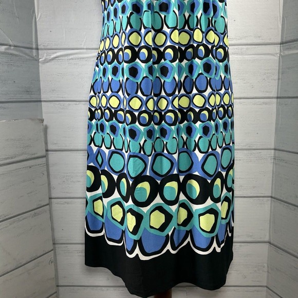 AGB Shift Dress Short Sleeve Lined Geometrical Circle Blue Yellow Size 12 Petite - Picture 3 of 12